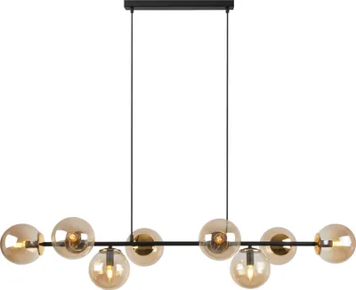 Productafbeelding van Hanglamp Siena, zwart en goud, met 8 platte lampenkappen, honingkleurig, fitting E14