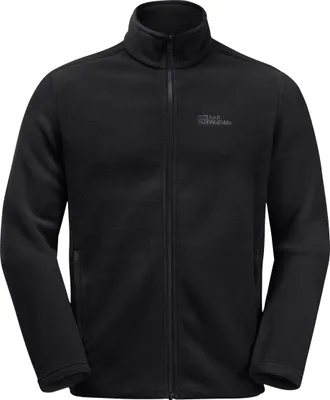 A black fleece jacket with a zipper and a logo on the chest, presented on a white background.