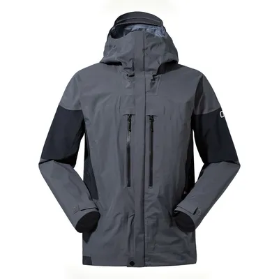 Mtn Guide Gtx Pro Shell Jacket von Berghaus in Grau mit schwarzen Ärmeln und zwei Reißverschlusstaschen.