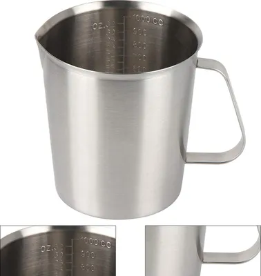 Produktbild von Edelstahl Milchkännchen 1L Barista, Milchaufschäumer für Latte Art, Cappuccino & Kaffee, Messbecher mit Skala