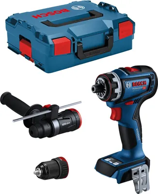 A set of Bosch power tools and accessories, including a drill, a drill bit holder, and a storage case.