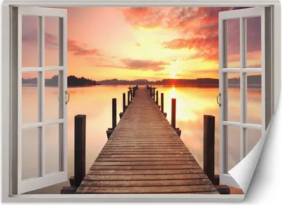Obrázok produktu pre Vliesová fototapeta Západ slnka z okna mólo 140x100 cm Feeby Oranžová lepidlo je súčasťou dodávky jednoduchá inštalácia