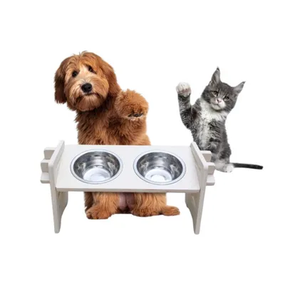 Produktbild von Futterstation aus Holz in Weiß | höhenverstellbar | Erhöhter Futternapf für Hund und Katze