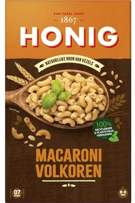 Zdjęcie produktu dla Honey Macaroni Whole Grain 550g – makaron pełnoziarnisty z semoliny z pszenicy durum, bogaty w błonnik