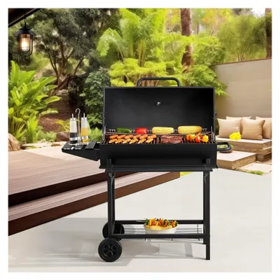 Produktbild von Grillwagen Armento Holzkohlegrill mit Deckel, BBQ Grillrost aus emailliertem Edelstahl, Gartengrill mit 2 Rädern und Deckelthermometer, 95x108x61cm, Schwarz