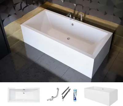 Produktbild von ECOLAM Badewanne Wanne Rechteck Quadro Design Acryl weiß 170x75 cm + Schürze Ablaufgarnitur Ab- und Überlauf Automatik Füße Silikon Komplett-Set