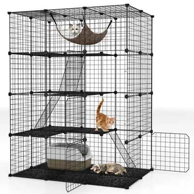 Produktbild von COSTWAY Katzenkäfig 4-stöckig, Katzengehege mit Hängematte, 3 Leitern, 4 Türen, Dachfenster, abnehmbarer Zwinger für Kleintiere im Innen 109,5x74,5x143cm