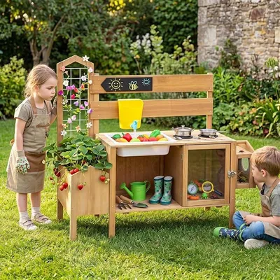 Imagen del producto de Cocina de juguete para niños, para uso en exteriores, con depósito de agua y fregadero