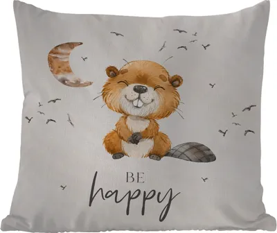 Produktbild von MuchoWow® Outdoor Kissen - Zitate - Glücklich sein - Kinder - Mond - Biber - Aquarell - 40x40 cm - Wetterfest - Lounge Kissen - Kopfkissen - Interieur - Polster mit Bild