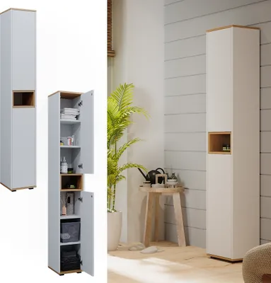 A tall, narrow cabinet with a wood accent is shown in a bathroom setting.