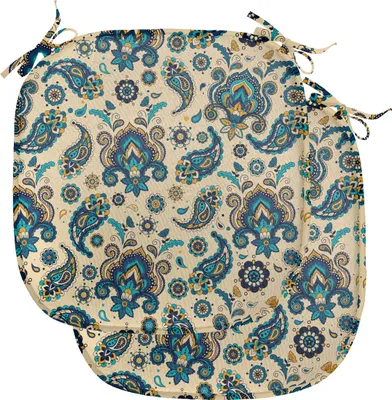 Produktbild von ABAKUHAUS Paisley Polster für Esszimmerstühle, Vintage bunte Blumen, Dekoratives wasserfestes Kissen mit Riemen für Küchensitze, 40 cm x 40 cm-2er Pack, Creme Blau Gelb