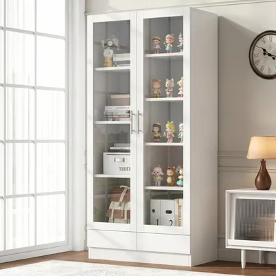 Immagine prodotto di Vetrina a giorno in vetro con 2 cassetti, ideale per sala da pranzo, cucina e soggiorno, vetrina autoportante 80x40x160 cm, mobile vetrina, bianco