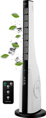 A white and black tower fan with a remote control next to it. Green leaves and ice cubes are floating around the fan.