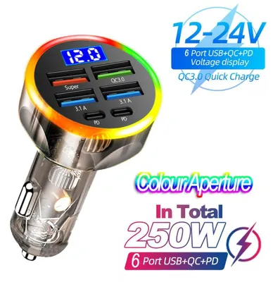 Immagine prodotto di Caricabatterie USB per auto - Adattatore con 6 prese accendisigari - Ricarica rapida da 200W - QC3.0 e PD Type-C - Corpo trasparente - Compatibile con iPhone, Samsung, Xiaomi