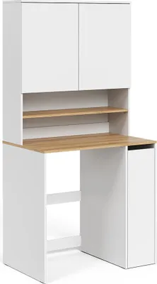 A white and wood-colored desk with a hutch and storage cabinet.