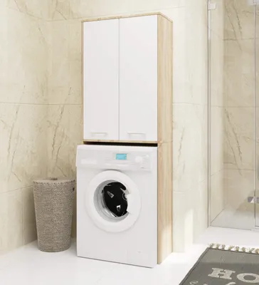 A laundry cabinet and washing machine in a bathroom.