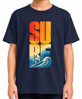 Zdjęcie produktu dla Koszulka dziecięca z motywem surfingowym, ocean, fale, plaża, styl retro, deska surfingowa, wakacje, dla dzieci, kolor granatowy, rozmiar 140