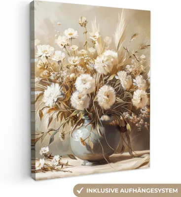 Produktbild von MuchoWow® - Leinwandbilder - Blumen - Vase - Stilleben - Beige, Wandbild, Wanddeko Bilder Wohnzimmer, 90x120 cm