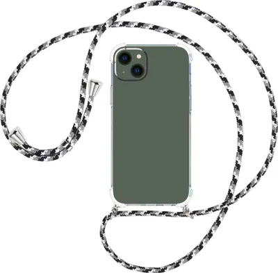 Produktbild von Handykette Backcover-Schutzhülle mit Band (Metall silberfarben) für Apple iPhone 15 Plus - schwarz/grau/weiß