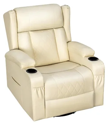 Immagine prodotto di Poltrona relax - Poltrona TV - Rotazione a 360° - Schienale e poggiapiedi regolabili - Portabicchieri - Rivestimento in ecopelle beige - Portata massima: 150 kg