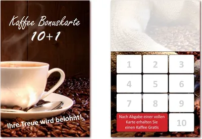 Produktbild von 500 Stück Kaffee Bonuskarten (BOK-409) mit 10 Stempelfeldern. Treuekarten passend für Bereiche wie Gastronomie, Restaurant, Gaststätte Bäcker Konditor
