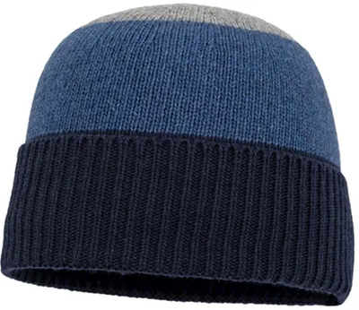 Obrázek produktu pro Pletená čepice s nápletem, kombinace merino vlny a kašmíru, pruhovaná, modrá, univerzální velikost