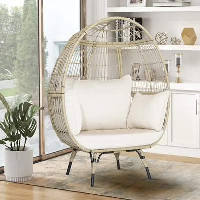 Zdjęcie produktu dla COSTWAY leżak ogrodowy wiklinowy w kształcie jajka z 4 poduszkami, fotel wypoczynkowy PE rattan metalowa rama do 205 kg ładowności, fotel rattanowy na taras, do ogrodu, do salonu