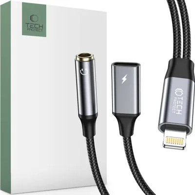 Image de Tech-Protect Ultraboost Lightning to Mini Jack 3.5 Mm And Lightning Black Cable Adapter (Adaptateur de câble Lightning vers Mini Jack 3.5 Mm et Lightning)