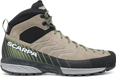 Scarpa Mescalito Mid GTX Approach Schuhe in Grau und Schwarz; geeignet für Herren; mit grünem Akzent.