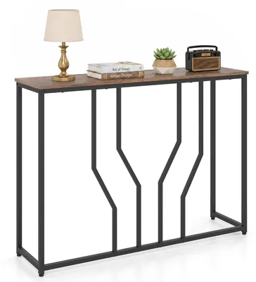 Imagen del producto de Mesa consola metálica estrecha de COSTWAY, mesa para pasillo con superficie amplia y estructura metálica, mesa de entrada con sistema antideslizante, mesa auxiliar para sofá de 110x30x80 cm, color marrón