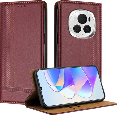 Produktbild von Handyhülle für Honor Magic6 Pro Leder Flip Klappbare Schutzhülle mit Standfunktion Dunkelrot