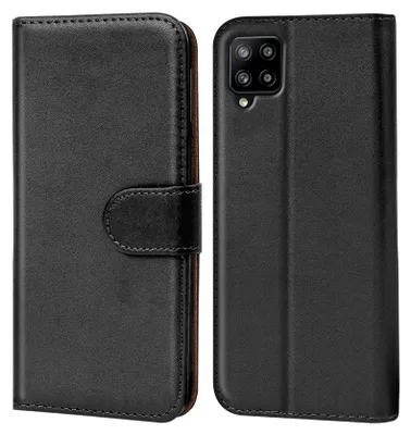 A black flip case for a Samsung Galaxy A42 5G phone is shown from the front and back.