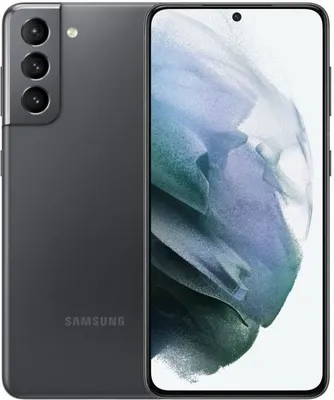 A Samsung Galaxy S21 smartphone is shown from the back and front.