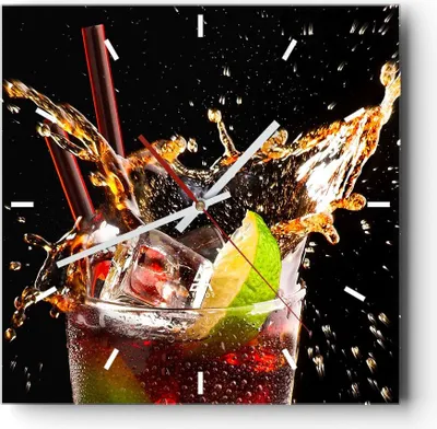 Produktbild von Wanduhr - Quadrat - Glasuhr - Trinken saft cocktail nachtisch - 30x30cm - Schleichendes Uhrwerk - Lautlos - zum Aufhängen bereit - Dekoration Modern - Wanddekoration aus Glas - C3AC30x30-2223