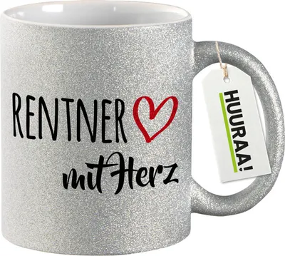 Produktbild von Huuraa Glitzertasse Rentner mit Herz 330ml Silber Keramik Kaffeebecher Geschenkidee