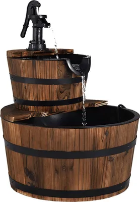 Produktbild von GOPLUS Holzfass-Brunnen mit Hochleistungspumpe, Springbrunnen aus Tannenholz, Wasserspiel im Freien für Garten, 44,5 x 44,5 x 61cm (L x B x H)
