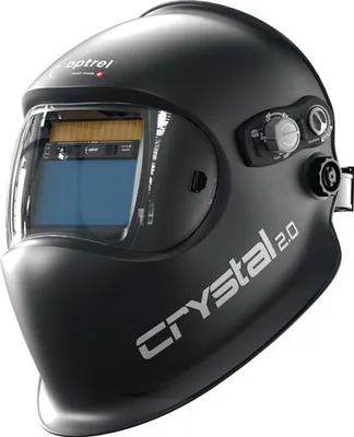 A black welding helmet with a clear visor and controls on the side, presented against a white background.