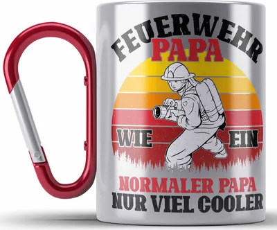 Produktbild von Trendation - Feuerwehr Papa Geschenk Edelstahl Tasse Karabiner Feuerwehrmann Vater Vatertag Spruch (Rot)