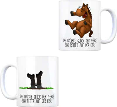 Produktbild von Kaffeebecher mit Pferd und Reiter Motiv und Spruch: Das größte Glück der