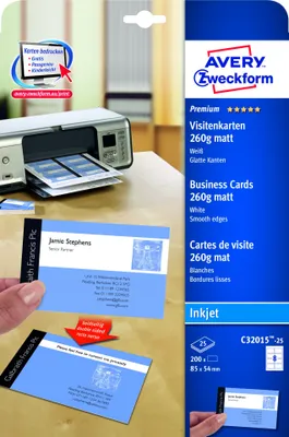 Produktbild von Avery Zweckform C32015-25 Premium Visitenkarten, 85 x 54 mm, Inkjet-Spezialbeschichtung beidseitig - matt, 25 Blatt