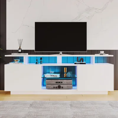 Image de Meuble TV, éclairage LED 16 couleurs, 1,4 m de large, pour téléviseurs de 60 pouces, portes à finition brillante, étagères en verre