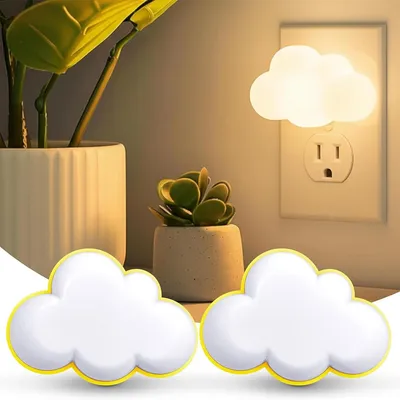 Produktbild von 2er LED Nachtlicht Steckdose – Wolken Nachtlampe mit Lichtsensor, energiesparend, weiches Licht für Schlafzimmer & Flur