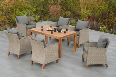 Obrázek produktu pro Merxx "Avellino" 7dílná sada zahradního nábytku s rozkládacím stolem 150/200 x 90 cm, včetně polštářů - hliníkový rám s plastovým proutím kámen béžový a akátové dřevo