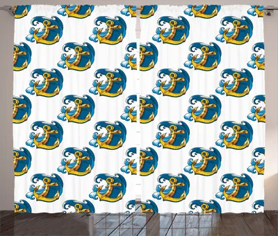 Produktbild von ABAKUHAUS Anker Rustikaler Vorhang, Ozeanwelle Marine Retro, Wohnzimmer Universalband Gardinen mit Schlaufen und Haken, 280 x 225 cm, Hellblaues Gold