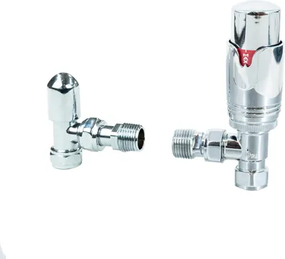 Produktbild von Thermostatventil Chrom Winkelanschluss 1/2 Zoll x 15 mm mit Drehknopf 6-28°C