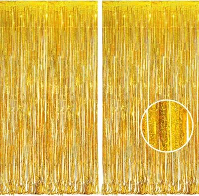 Produktbild von Gold Metallische Lametta Vorhänge – Funkelnde Dekoration für Geburtstagsfeier, Hochzeitsfoto Hintergrund, 2 Stück (1x2.5m)