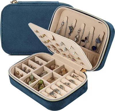 Produktbild von Schmuckaufbewahrung, klein, s Samt, für Ringe, Ohrringe, Ketten, Armbänder, blau, für Reisen