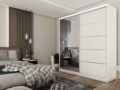 Zdjęcie produktu dla AGMAT Kira szafa z drzwiami przesuwnymi, szafa z 2 drzwiami i lustrem, nowoczesna szafa w kolorze: biały, szafa w rozmiarze: 200 x 216 x 61 cm