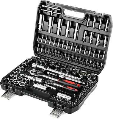 Immagine prodotto di Set di chiavi a bussola - Set completo da 108 pezzi in acciaio Cr-V, con cricchetti da 6,3 mm e 12,7 mm - Attrezzi per auto - Metallo - Con custodia, dimensioni 37x29x8 cm