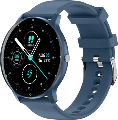 A blue smartwatch is displayed against a white background, showcasing its screen with various health and time-related information.